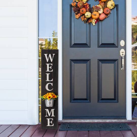 Glitzhome® 42" Wooden Black Welcome Porch Sign with Metal Planter